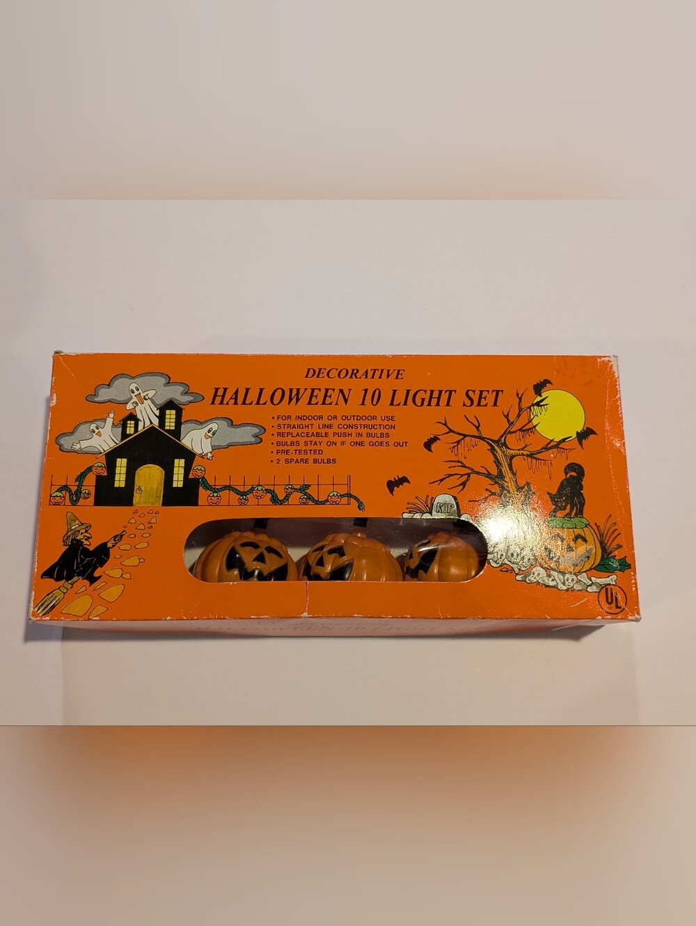 Vintage Blow Mold Halloween Pumpkin String Lights - 10 Strand - Tested Working!